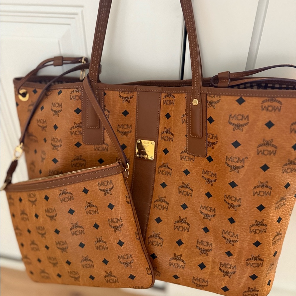 MCM Cognac Monogram Tote and Pouch Set